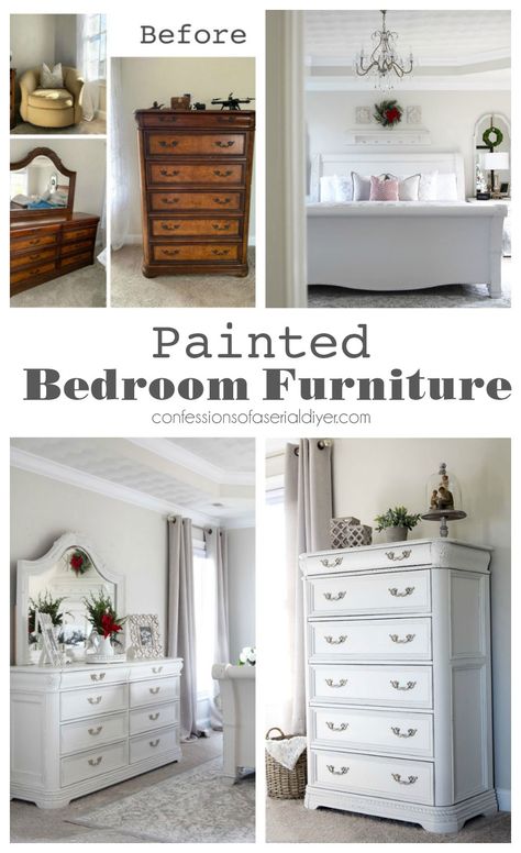 Painted Bedroom Furniture and bedroom makeover reveal. Confessions of a Serial DIYer Rustic Cabin Furniture, Painted Bedroom, Diy Furniture Makeover Ideas, Rustic Bedroom Furniture, Bedroom Furniture Makeover, Painted Bedroom Furniture, Bedroom Reveal, White Bedroom Furniture, Diy Furniture Renovation