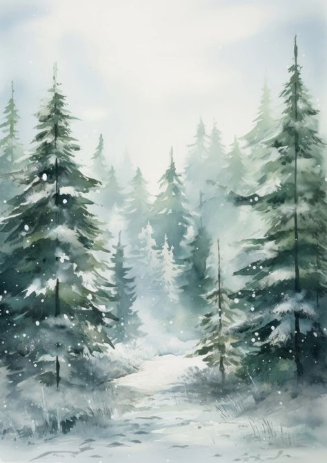 Winter Wonderland Landscape, Winter Pine Trees Painting, Winter Forest Watercolor, Vintage Winter Pictures, Holiday Painting Ideas On Canvas, Winter Watercolor Simple, Christmas Watercolor Paintings Easy, Winter Watercolor Paintings, Winter Forest Illustration