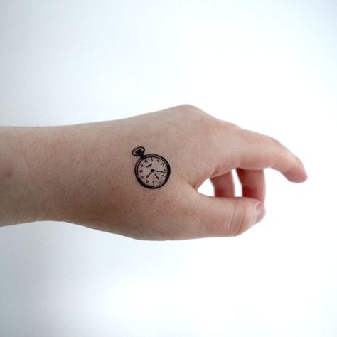 Tiny Temporary Tattoo - Pocket Watch, Vintage, Spring, Black, Illustration, SET OF 4 Tatto Clock, Watch Tattoo Design, Pocket Watch Tattoos, Clock Tattoo Design, Black Illustration, Small Tattoos With Meaning, Wrist Tattoos For Guys, Simple Tattoo Designs, Watch Tattoos