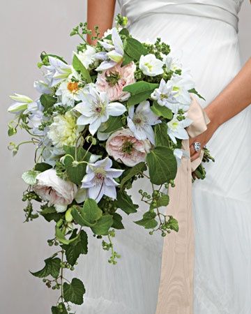 Wedding Ideas: flowers-every-element-your-wedding Inexpensive Wedding Flowers, Cascading Bridal Bouquets, Clematis Flower, Fleur Design, Cascade Bouquet, Pink Bouquet, Garden Roses, White Bouquet, Leafy Greens