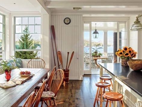 Project Sneak Peek: Summer Sunsets at the Lake - Home Glow Design Gil Schafer, Lake Cottage, Lake Placid, Cottage Design, Waterfront Homes, Large Living Room, Breakfast Nook, White Houses, Beach Cottages