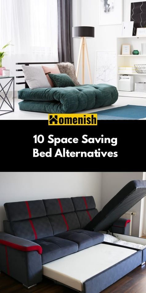 If you live in a small apartment, or your bedroom is so tiny you can hardly fit a bed in it, there are plenty of bed alternatives that are not just comfortable, but they will also save space. Alternative Bed Ideas, Bed Solutions For Small Rooms, Small Space Sleeping Solutions, Futon Alternative, Bed Alternatives Small Spaces, Guest Bed Ideas Space Saving, Alternative Beds, Futon Bedroom Ideas Small Spaces, Futon Bedroom Ideas