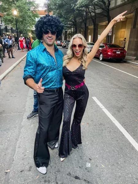 Disco costume, 70s costume, disco outfit, 70s outfit, Halloween costume, disco party costume #LTKSeasonal #LTKunder100 #LTKunder50 Decades Date Party Outfit, 70s Disco Party Outfit Costume Ideas Men, Disco Party Couple Outfit, Decades Party Outfit Couples, 70s Theme Party Outfit Couples, Couples Disco Costumes, Man Disco Outfit, Abba Outfits Men, Disco Outfit Ideas Women