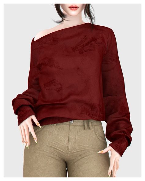 ✂ Off Shoulder Destroyed Sweater ✂ | Patreon Sims 4 Free Mods, Apocalypse Clothing, Destroyed Sweater, Pink Oversized Sweater, Burgundy Shirt, Sims 4 Cc Skin, Sims 4 Characters, Sims4 Clothes, Sims 4 Cc Packs