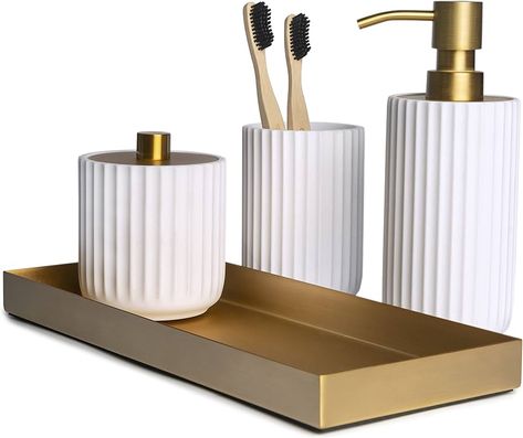 White Bathroom Accessories Set, Soap Dispenser Set, White Bathroom Accessories, Gold Bathroom Accessories, Boho Bathroom Decor, Bathroom Decor Sets, Bathroom Accessories Sets, Gold Bathroom, Boho Bathroom