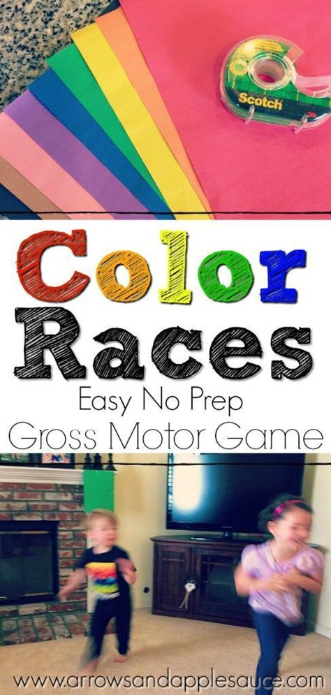 Get those kids moving and learning at the same time with this super easy gross motor game. They'll have fun learning their colors and be ready for a nap after. Let the Color races begin! #grossmotor #colors #learningcolors #preschool #preschoolathome #homeschool #kidsgames #kidsactivities #easykidsgames #noprep #learningathome Color Matching Toddler Activities, Kaba Motor Becerileri, Color Activities For Toddlers, Preschool Color Activities, Gross Motor Activity, Kids Motor Skills, Preschool Colors, Gross Motor Activities, Teaching Colors