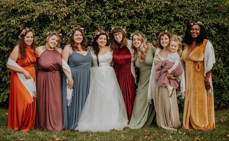 Muted autumnal rainbow mismatched bridesmaid dresses Muted Rainbow Bridesmaid Dresses, Muted Rainbow Wedding Theme, Multi Coloured Bridesmaid Dresses, Muted Rainbow Wedding, Multicolored Bridesmaids Dresses, Multi Colored Bridesmaid Dresses, Rainbow Bridesmaid Dresses, Rainbow Bridesmaids, Mixed Bridesmaid Dresses