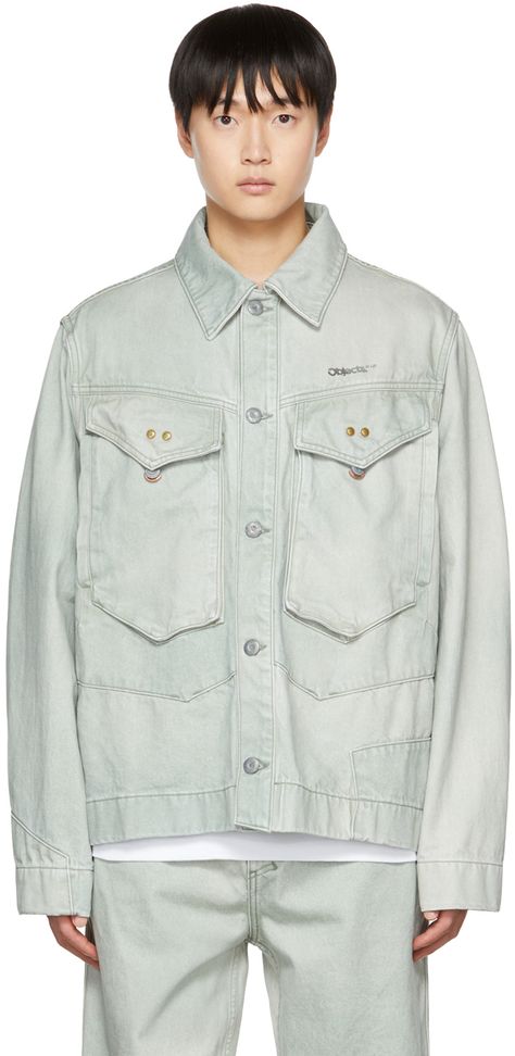 Paneled non-stretch deadstock cotton denim jacket. Fading throughout. · Spread collar · Button closure · Hand-stamped logo at front · Flap pockets · Single-button barrel cuffs · Unlined · Detachable recycled silver-tone hardware Supplier color: Patina green Denim Top Outfit, Patina Green, Workwear Jacket, Denim Jacket Men, Recycled Silver, Cotton Jacket, Mens Outerwear, White Casual, White Denim