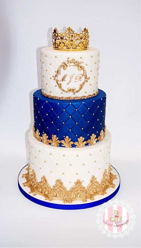 A Royal cake for a little prince  by Sweet Surprizes Royal Blue Quinceanera Cake, Royal Blue Cake Quinceanera, Royal Cake Design, Birthday Cake Designs For Boys, Royal Blue And Gold Cake, Royal Prince Cake, Prince Birthday Cake, Birthday Cake Design Ideas, Prince Baby Shower Cake