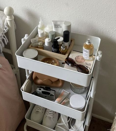 White Cart, Uni Room, Dorm Room Inspiration, College Room, Pinterest Room Decor, Utility Cart, Dreamy Room, Dream Room Inspiration, Room Makeover Bedroom