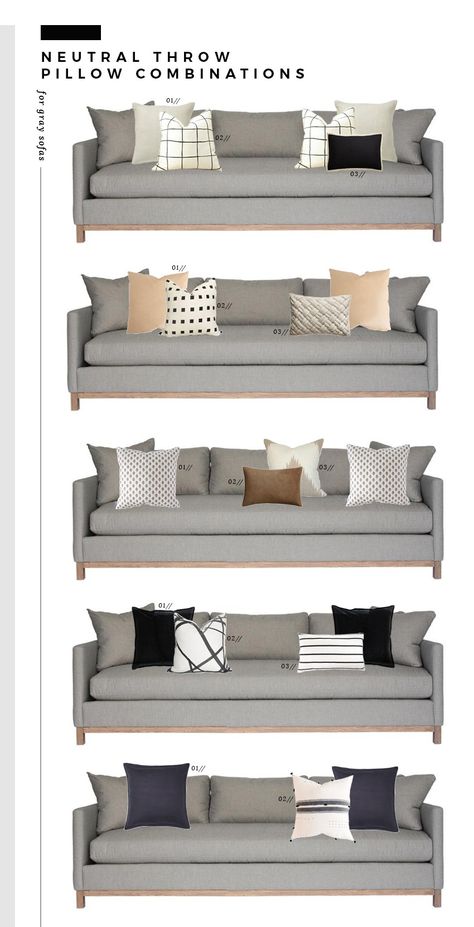 Neutral Throw Pillow Combinations for White and Gray Sofas - Room for Tuesday Neutral Throw Pillow Combinations, Bedroom Pillows Arrangement, Neutral Throw Pillow, Gray Sofa Living, Gray Sofas, Pillow Combinations, Throw Pillow Combinations, Grey Sofa Living Room, Neutral Throw