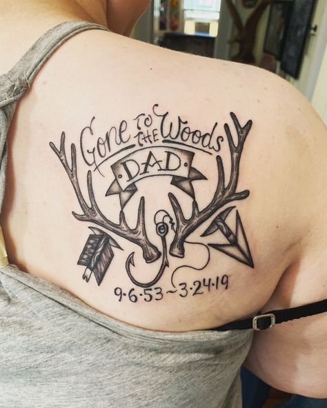 Grandpa Memorial Tattoo For Men, Gone Hunting Tattoo Memorial, Memory Of Grandparents Tattoo, Deer Hunting Memorial Tattoos, In Memory Of Papa Tattoo Ideas, Outdoorsman Memorial Tattoo, God Family Country Tattoos, Nature Memorial Tattoo, Father Daughter Tattoos Country