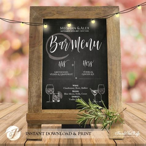 His and Hers Drinks Bar Menu Sign Wedding Bar Menu His and Hers Bar Sign Menu Template Printable Cha Drinks Sign Wedding, His And Hers Drinks, Chalkboard Template, Drinks Sign, Printable Menu Template, Wedding Signature Drinks, Rustic Chalkboard, Bar Menu Wedding, Menu Sign