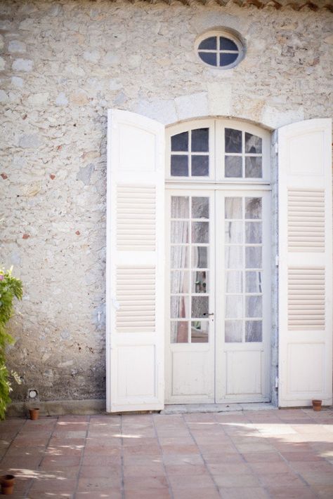 Exterior Door Shutters, Dream Conservatory, French Door Shutters, French Doors With Transom, Arched French Doors, Door Shutters, French Doors Exterior, Limestone Wall, Shutter Blinds