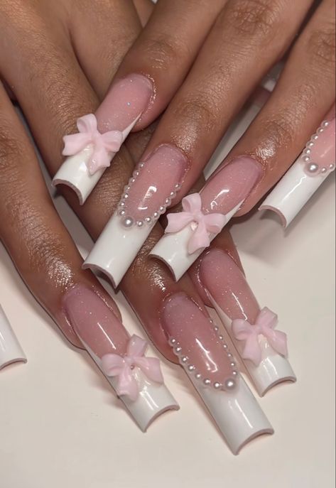 Quince Nails, Quinceanera Nails, Girly Acrylic Nails, White Nail Designs, Soft Nails, White Nail, Kawaii Nails, Nagel Inspo, Pink Acrylic Nails