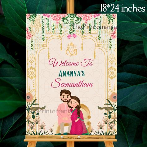 South Indian Baby Shower Function, Baby Shower Welcome Board, Silver Plate Decor, Dohale Jevan, Housewarming Sign, Indian Baby Showers, Digital Sign, Mother To Be, Ceremony Sign