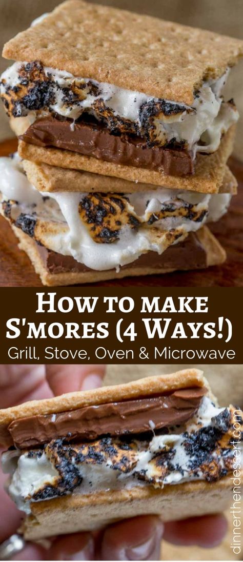 How to make the perfect S'mores that will take you back to your childhood on the stove, in the microwave, in the oven and on the grill. Grilled Smores, Smores Recipe, Baked Smores, Desert Bar, Smore Recipes, Bbq Camping, Favorite Dessert Recipes, Dessert Dips, Bar Recipes