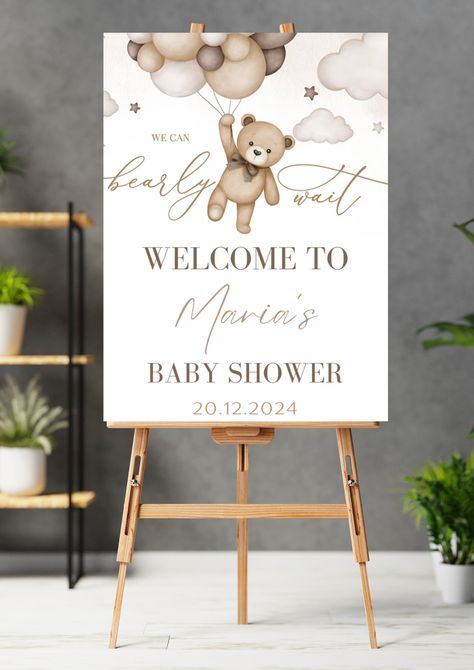 Celebrate your special milestone with this adorable and customisable Welcome Sign. Our Brown Bear Floating Balloons Sign is perfect for a Baby Shower/ Gender Reveal bash.  This listing offers you the convenience of a Digital template. No need to worry about printing or shipping; simply download the template instantly and start spreading the excitement With this listing, you will receive an Instant Download of the template. We provide the design in a Canva format, ensuring easy customisation acco Brown Bear Gender Reveal, Shades Of Brown Gender Reveal, Welcome Shower Sign, Shades Of Brown Baby Shower Decor, Brown Gender Reveal Ideas, Baby Shower Brown Theme, Bear Gender Reveal Decorations, Brown Bear Baby Shower Theme, Brown Gender Reveal