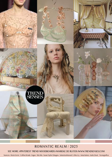 ROMANTIC REALM // 2025 – Trendsenses - #mariekederuiter #mood #trend #moodboard #2025 #forecasting - Sources: Alexis Ferrer – Collina Strada – Vogue – Miu Miu – Susan Taylor Glasgow – Saina Koohnavard – Lilies ivy – Anna Haines – Katie Stout – Tecnografica Fashion Trend 2025, 2025 Fashion Trends, Fashion Trending Moodboard, Aw 2024, Fashion 2025, Trends 2025, Fashion Trend Board, Fashion Trend Forecast, Without A Trace