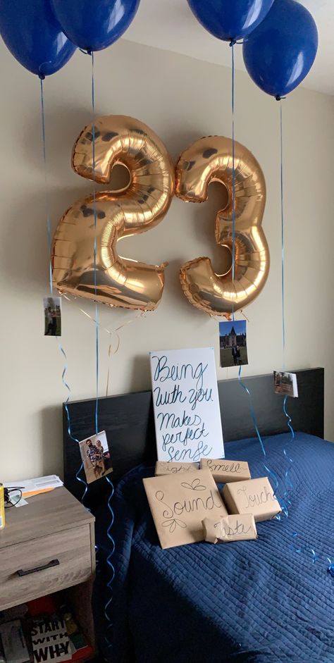 Birthday For Boyfriend Surprise, Anniversary Gift Ideas For Couples Friends, Men’s 23 Birthday, Gift For Boyfriend With Pictures, Boyfriend Gift Package, Boyfriend Birthday Shirt Ideas, Boyfriend Balloon Surprise, Birthday Decor For Him Husband, 23 Birthday Decorations For Him