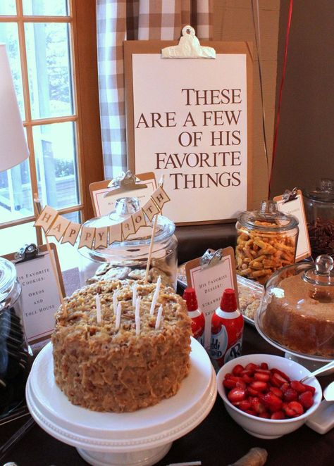 The masculine style of this fun "favorite things" birthday party is perfect for a man's 90th birthday! 90th Birthday Party Theme, 75th Birthday Parties, Favorite Things Party, 90th Birthday Parties, 90's Birthday Party, 70th Birthday Parties, 80th Birthday Party, 65th Birthday, Festa Party