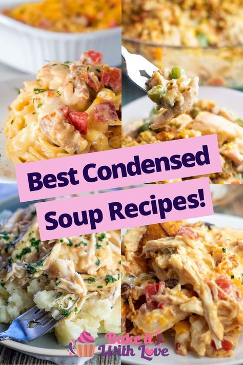 These condensed soup recipes include casseroles, crockpot dishes, and even stuffed peppers that are all made using canned condensed soup! Condensed soup is perfect for adding a creamy and savory element to any gravy or sauce! All of these recipes are filled with bold, rich flavors that are sure to be a crowd-pleaser! BakeItWithLove.com #bakeitwithlove #recipe #canned #condensed #soup #dinner #casseroles Condensed Soup Recipes Dinners, Canned Cheese Soup Recipes, Condensed Chicken Soup Recipes Rice Casserole, Canned Recipes Dinners, Condensed Cheese Soup Recipes, Recipes With Canned Soup, Cream Of Cheddar Soup Recipes, Recipes Using Canned Soup, Canned Soup Recipes Dinners