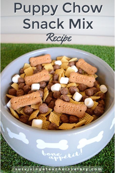 Delicious & EASY 2 minute puppy chow snack mix recipe idea!! Perfect for pet parties, birthday parties, movie night snacks and more! Can be made gluten free and dairy free as well! #recipe #snackmix #snackrecipe #snackideas #partymix #partyideas #petparty #snacks #yum #food #party Puppy Party Snack Ideas, Puppy Birthday Party Food Ideas, Dog Theme Food For Party, Puppy Desserts Birthday Parties, Dog Party Drink Ideas, Pet Shop Party Ideas Birthday, Dog Party Theme Food, Pet Adoption Party Food, Dog Themed Food Ideas