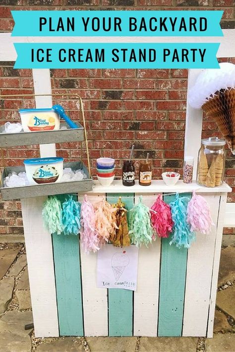 Need fun summer activities for the kids? Plan your perfect Backyard DIY Ice Cream Stand Party! Simple and a great boredom buster. #TopYourSummer #SoHoppinGood ad Pallet Ice Cream Stand, Ice Cream Stand Diy, Diy Ice Cream Stand, Ice Cream Party Ideas, Summer Ice Cream Party, Play Ice Cream, Blaze Birthday, Ice Cream Stand, Picture Props