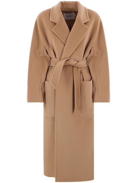 camel brown virgin wool-cashmere blend felted front tie fastening notched lapels drop shoulder long sleeves wrap design belted waist two front patch pockets long length straight hem Long Camel Coat, Drop Shoulder Coat, Max Mara Coat, Herringbone Coat, Cozy Coats, Maxi Coat, Wardrobe Edit, Brown Coat, Camel Coat