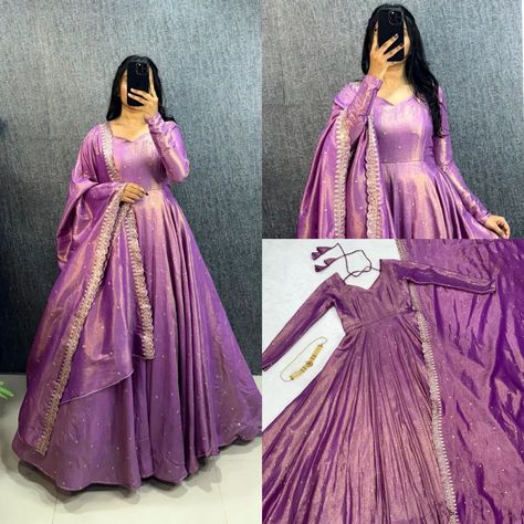 On Sale Rs.1349/- Free Shipping WITH EXCLUSIVE GOWN MASTER SERIES IN QUALITY PRODUCT* *GOWN FABRICS : ORIGINAL BANARASI TISSU TWO TONE WITH EMBROIDERY WITH 3mm SEQUENCE THREAD WORK* *GOWN LENGTH- 55+* *DUPPTA- Banarasi Tissu With Embroidery sequence cut Work 2.2 MITR* *SLEEV LENGTH - 26 inch+ *LINING : Micro* *Size : M upto L Size xl upto Xxl *NOTE : BE AWARE MARKET REPLICA NET TISSU AND ERODE SILK WE ARE MAKING ORIGINAL BANARASI TISSU SILK WITH TWO TONE SADE ONLY* 🌿🌿🌿🌿🌿🌿🌿🌿🌿... Banarasi Gown, Half Saree Function, Exclusive Gowns, Simple Frock Design, Long Frock Designs, Lehenga Designs Simple, Latest Bridal Dresses, Product Catalogue, Fancy Dresses Long