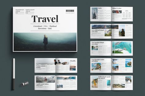 Travel Magazine Layout Landscape, Print Templates ft. travel & layout - Envato Magazine Layout Ideas, Portfolio Layout Template, Travel Magazine Layout, Travel Layout, Layout Book, Photo Book Template, Layout Landscape, Landscape Layout, Brand Palette