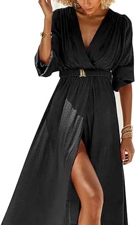 ZADORN Women's Summer Maxi Dress Casual V Neck Lantern Long Sleeve Split Hem Elastic Waist Belted Wrap Party Cocktail Dresses Size 16 Wedding Guest Outfit, Wedding Guest Dresses Amazon, Maxi Sundresses, Women Maxi Dresses Summer, Beach Wedding Guest, Casual Beach Wedding, Amazon Dresses, Fall Wedding Guest Dress, Flowy Design