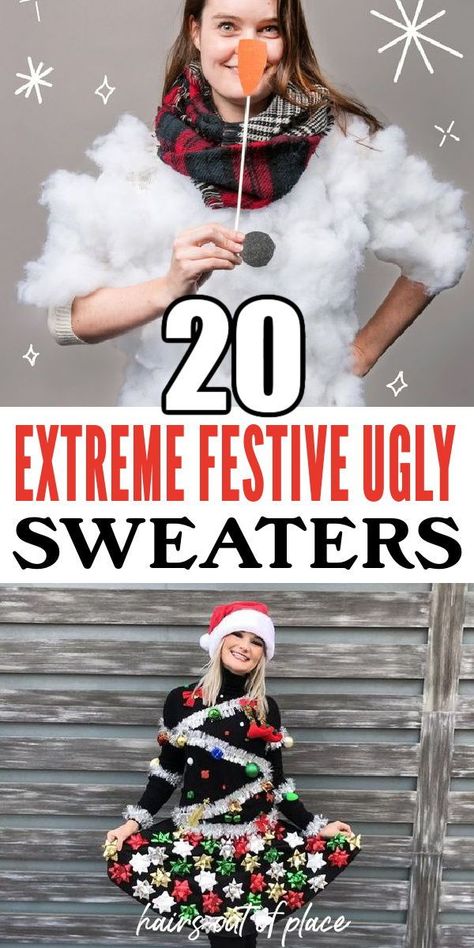 Get UGLY with it! Here are 20 insane DIY ugly Christmas sweater ideas for you, so you don't have to do all the shopping! For many work parties, family gatherings, college shenanigans, holiday parties in general, Ugly Christmas sweaters are the go-to. You can dress up or you can dress down, there are NO RULES when it comes to ugly Christmas attire and sweaters. The Best Ugly Christmas Sweater, Ugly Christmas Outfits Women, Creative Holiday Sweater, Ugly Sweater Family Ideas, Family Ugly Sweater Ideas, Ugly Sweater Dress Outfit, Ugly Christmas Sweaters Diy For Work, Ideas For Ugly Sweater Contest, Wacky Christmas Outfits