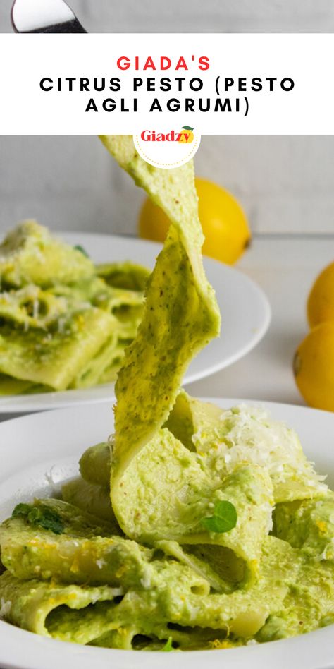 Giada Pesto Recipe, Lemon Pesto Recipe, Citrus Pesto, Lemon Pesto Pasta, Homemade Pesto Recipe, Giada De Laurentiis Recipes, Capers Recipe, Pesto Recipes, Giada Recipes