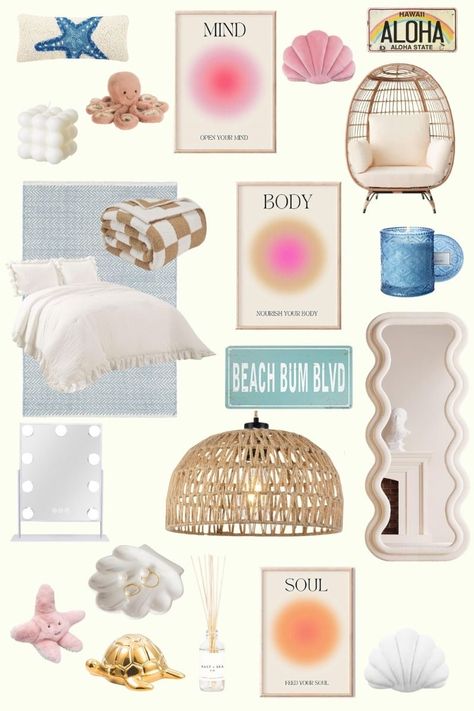 Cute Bedroom Ideas Beachy, Beach Rooms Ideas, Cute Beach Bedroom, Beach Bedroom Preppy, Colorful Beach Room Aesthetic, Cute Beachy Room Decor, Costal Boho Room, Beachy Room Ideas Aesthetic, Beach Vibe Bedroom Ideas