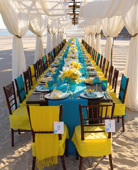 Bright Beach Wedding by Mindy Weiss. Photo: Simone and Martin Photography Wedding Outside, Beach Wedding Reception, Outdoor Dinner, Beach Ceremony, Long Table, Yellow Wedding, Wedding Receptions, Reception Ideas, Green Wedding