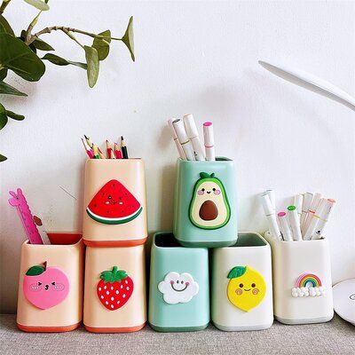 Good capacity. The pen holder size is 3.22*2.83*4.21 Inch.Features:Cute cartoon designed. Five choices of our pencil holder.More than pen organizer. It can also used to storage your makeup brushes.Product Type: Desk OrganizerMaterial: PlasticColor: Green/BeigePieces Included: Supplier Intended and Approved Use: Residential UseCountry of Origin - Additional Details: Made in USAStackable: NoAdjustable: NoMagnetic: NoDevice Capacity: Drawers: NoNumber of Drawers: Drawer Dimensions: Number of Compar Kawaii Drawer Organizer, Kawaii Pencil Holder, Cute Pen Holders For Desk, Pen Stand Decoration Ideas, Pen Holder Craft Ideas, Pen Holder Diy Clay, Cute Pen Holder Diy, Pencil Stand Ideas, Aesthetic Pen Holder Diy