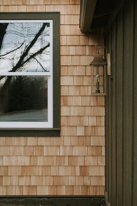 Our passthrough transformation + installing cedar shakes - Nadine Stay | Natural cedar shake shingles on our walkway between our house and garage. Replacing a door with a window. Home exterior before and after | Nadine Stay Cedar Gables On House Exterior, Rug Combos, Baseboard Ideas, Nadine Stay, How To Install Baseboards, Cedar Shingle Siding, Cedar Shake Siding, White Baseboards, Board And Batten Exterior