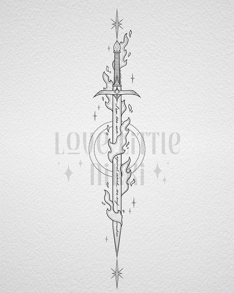 “I am the rock against which the surf crashes” 🌊🗡️ this flaming Ataraxia blade is for the lovely Alaynah 🔥 the design totally encapsulates everything about Nesta from her flames down to the eight point star ✨ #ACOTAR #nestaarcheron #tattooinspiration Nestas Back Tattoo Acotar, Nestas Swords, Nesta Ataraxia Tattoo, Nesta Acheron Tattoo, Ataraxia Acotar, The 13 Tog Tattoo, I Am The Rock Against Which The Surf, Ataraxia Tattoo Acotar, Acotar Tattoos Nesta