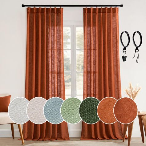 PRICES MAY VARY. WELL MADE: Sold as 2 panels, each panel is W40" x L108", and W80" x L108" in total. Each package includes 20 HOOKS and 20 CURTAIN RINGS with CLIPS. Each curtain panel has 2-in-7 top style design: ruffled pleated and back tab. Can be hung separately, or hung together with blackout curtains in MIULEE. PINCH PLEATS DESIGN: Each curtain panel with 7 pinch pleats and 9 tabs, creating a modern and luxurious feel. These uniquely designed pleated linen drapes are exceptionally fitting f Autumn Curtains Living Room, Living Room Curtains Behind Couch, Fall Curtains Living Rooms, Living Room Burnt Orange, Rust Living Room, Rust Decor, Rust Curtains, Luxury Curtains Living Room, Terracotta Linen