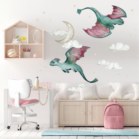 Whale Wall Decals, Cloud Wall Decal, Dragon Nursery, Dragon Wall Art, Wall Clings, Space Themed Nursery, Dragon Wall, Fantasy Decor, Nursery Room Inspiration