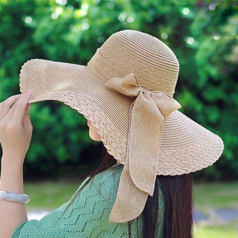 Women's Summer Folable Floppy Straw Hat Big Bowknot Wide Brim Beach Sun Hat - Brown - CQ183YD6NAY   #hats #caps #Sun Hats Topi Vintage, Floppy Straw Hat, Fashion Design Template, Women Hats Fashion, Fashion Cap, Sun Hats For Women, Stylish Hats, Fashion Night, Cute Hats