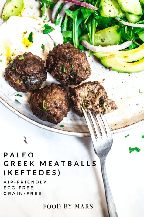 Paleo Greek Meatballs (Keftedes) (AIP-friendly) - Food By Mars Meatballs Paleo, Paleo Entrees, Gluten Free Meatballs, Greek Meatballs, Paleo Beef, Meatballs Easy, Dairy Free Eggs, Aip Recipes, Minced Meat