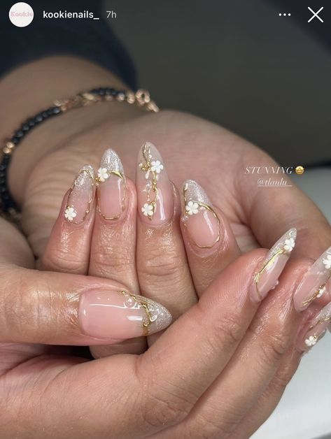 Gold And Flower Nails, Milky Pastel Nails, Bling Almond Nails Rhinestones, Ethereal Nails Acrylic, Gold Pink Nails, White Nude Nails, Milky Pink Almond Nails, Almond Nails Gold, Mamma Mia Nails