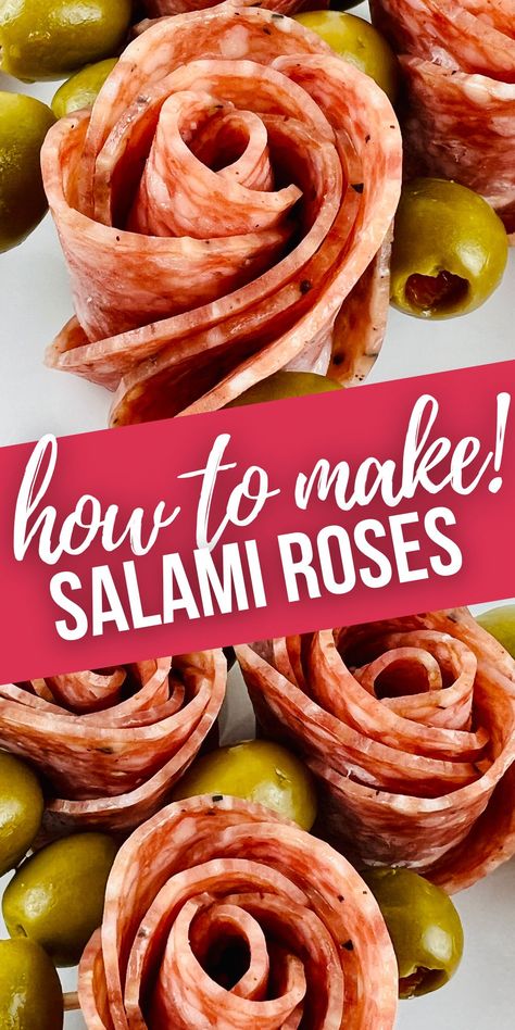 Make Salami Roses to add flare to any charcuterie board. In just a few simple steps, you can learn how to make Salami Roses. How To Make A Salami Football, Rose Salami Video, How To Make A Salami Flower, Salami Cheese Platter, Salami Kabobs, Salami Flowers Charcuterie, Ways To Fold Salami For Charcuterie, Meat Roses Charcuterie Board, How To Make Meat Roses For Charcuterie