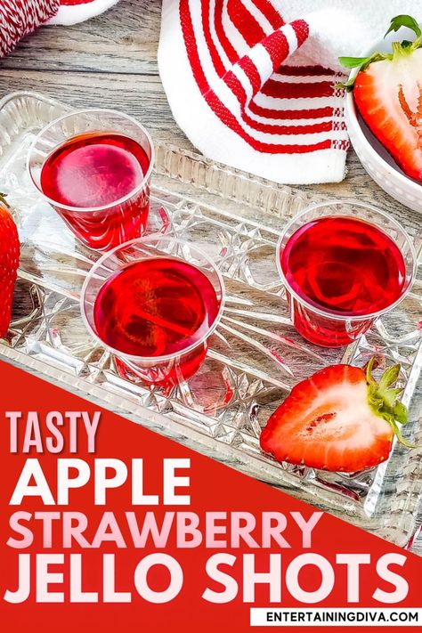 This apple strawberry jello shots recipe is awesome! So easy to make with only 3 ingredients and so tasty! The perfect boozy adult treat for a party. | Red Jello Shots Strawberry Daiquiri Jello Shots, Holiday Jello Shots, Hot Apple Juice, Strawberry Jello Shots, Sour Apple Pucker, Best Jello Shots, Jello Shots Recipe, Christmas Jello Shots, Apple Pucker