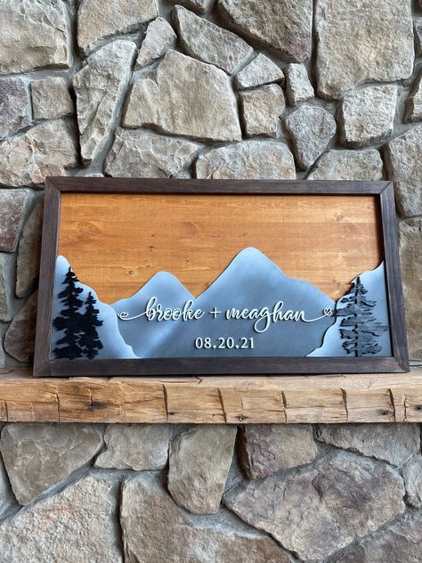 Congrats Brooke & Meaghan! Our custom Mountain Signature Board where guests sign above the mountains is quite the keepsake. . . #guestbookideas #mountainguestbook #guestsignatureshere #guestbookalternative #guestbookideas #woodguestbooks #woodguestbookideas #outdoorguestbookideas #mrsandmrslove #customwedding #signme Mountain Wedding Guest Book, Mountain Guest Book, Mountain Wedding Sign, Guest Signing Board, Signature Board, Vowel Renewal, Derby Wedding, Wood Guest Book, Acrylic Signs