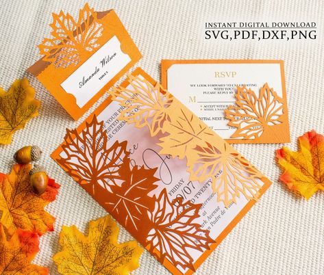 Fall Wedding Cards, Leaf Invitations, Wedding Orange, Cricut Wedding, Wedding Themes Fall, Wedding Envelope, Fall Wedding Invitations, Wedding Leaves, Wedding Envelopes