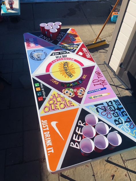 Homemade Pong Table, Diy Painted Beer Pong Table, Id Tap That Beer Pong Table, Customized Beer Pong Table, Frat Table Painted, Drinking Table Games, Pong Table Designs College, Custom Beer Pong Tables Diy, Cool Beer Pong Tables