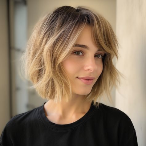 Short Wavy Hair With Side Swept Bangs, Chin Length Hair With Side Bangs, Chic Chin Length Hair, Short Bob Side Swept Bangs, Textured Bob With Side Swept Bangs, Side Fringe Bob, Short Haircut For Big Forehead, Chin Length Bob With Side Swept Bangs, Short Hair With Side Swept Bangs